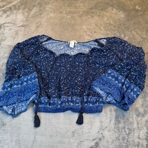 FOREVER 21 Blue Floral Print Long Sleeve Crop Top Tassels Womens Size Medium